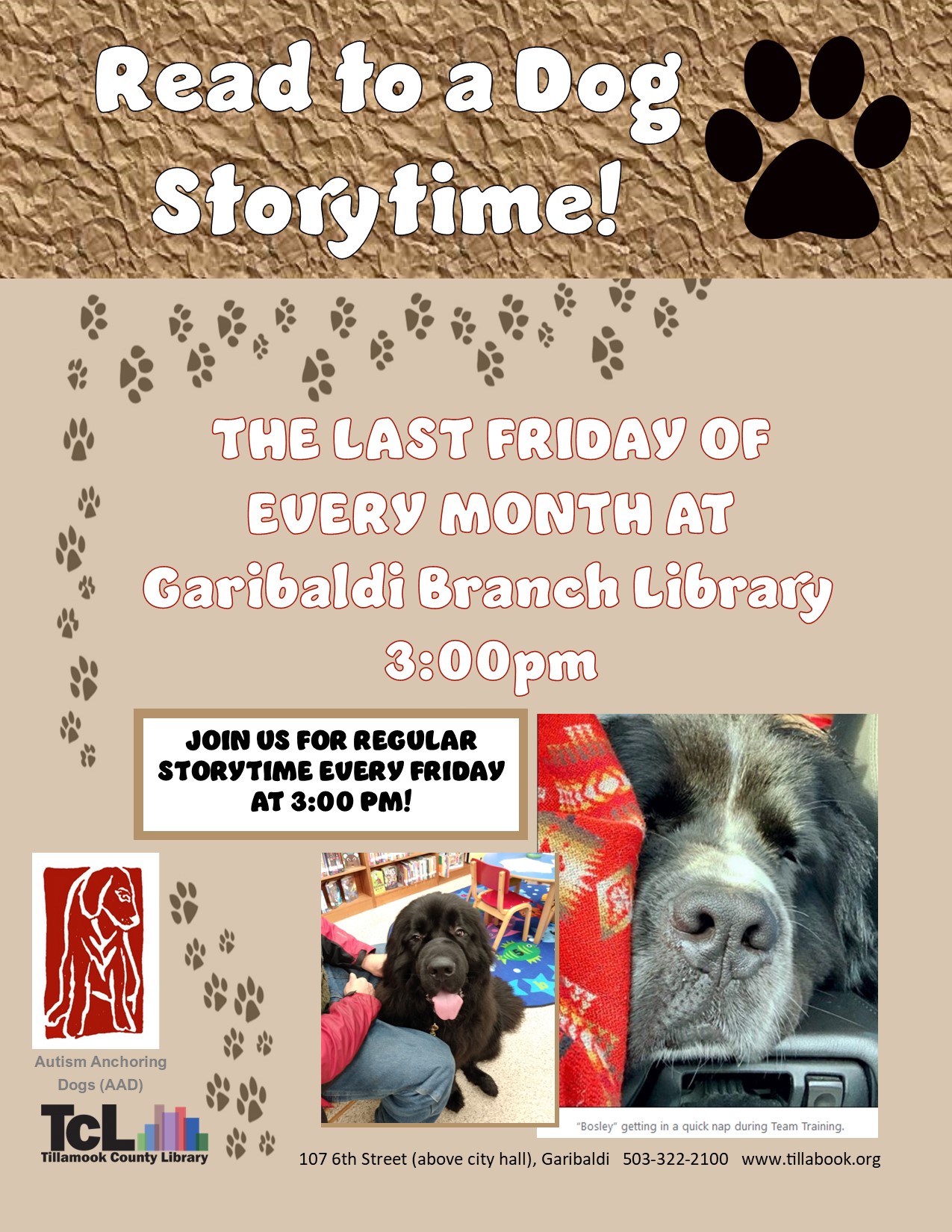 Monthly Read to a Dog regular storytimes flyer Aqn793.tmp